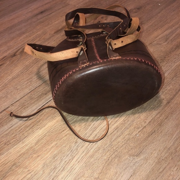 VTG Leather Mini BackPack Buckles Long Straps Tooled Starburst Pattern - Picture 6 of 9